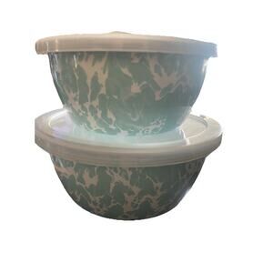 Golden Rabbit Sea Glass Enamelware Bowls w/ Lids Set of 2 New